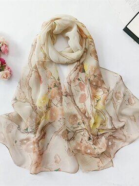 Beige Blossom Fashion Scarf Women's Chiffon Printed Soft Fashion Wrap 63 x 19 in